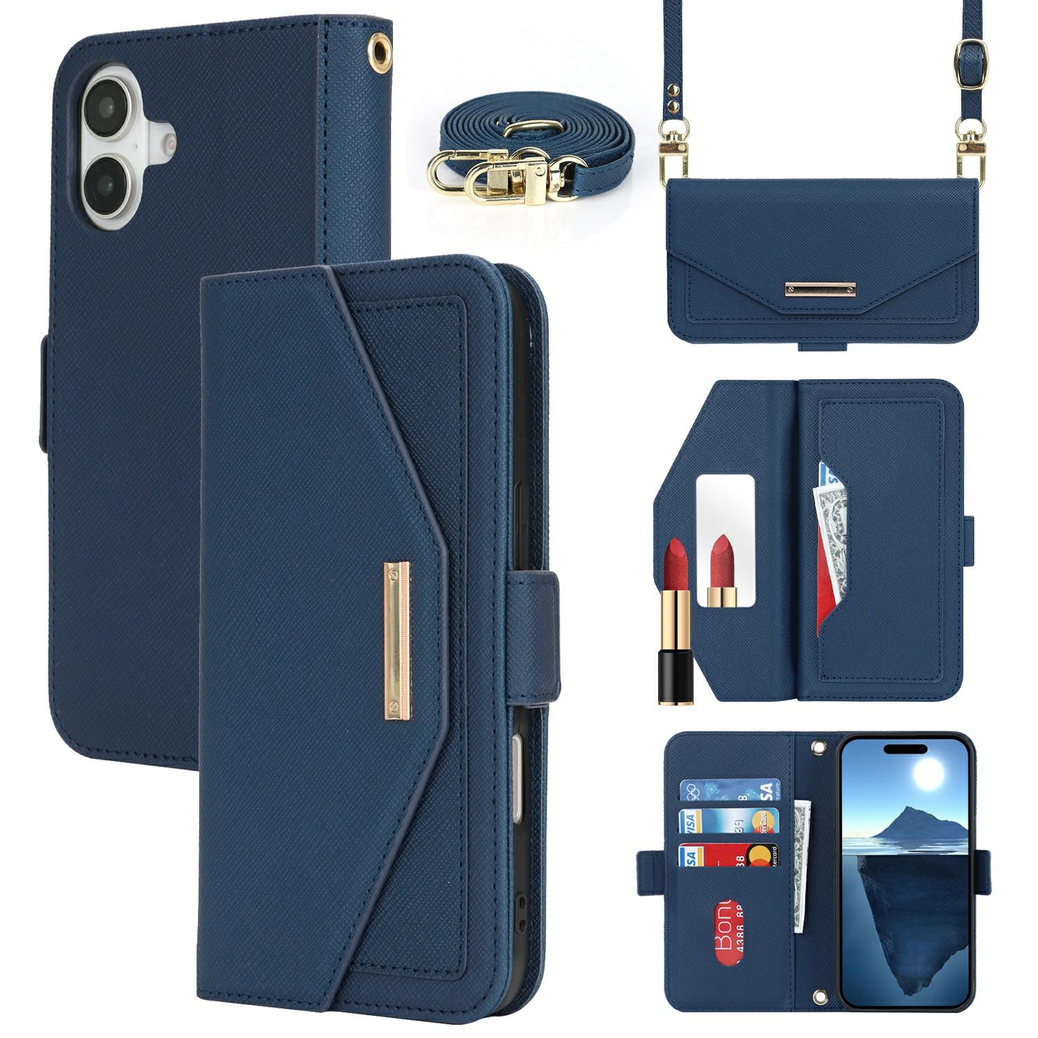 

For iPhone 16 Stand Case Cross Texture PU Leather Wallet Phone Cover with Shoulder Strap/Makeup Mirror Blue