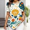 Womens Plus Size Short Sleeve Top Stationery Book Pencil Print Irregular Pointed Hem Summer Casual Blouse
