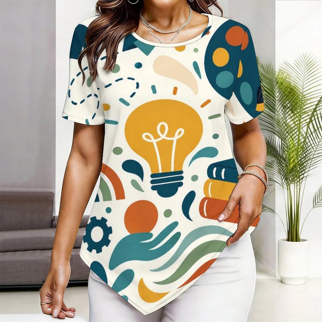 Womens Plus Size Short Sleeve Top Stationery Book Pencil Print Irregular Pointed Hem Summer Casual Blouse