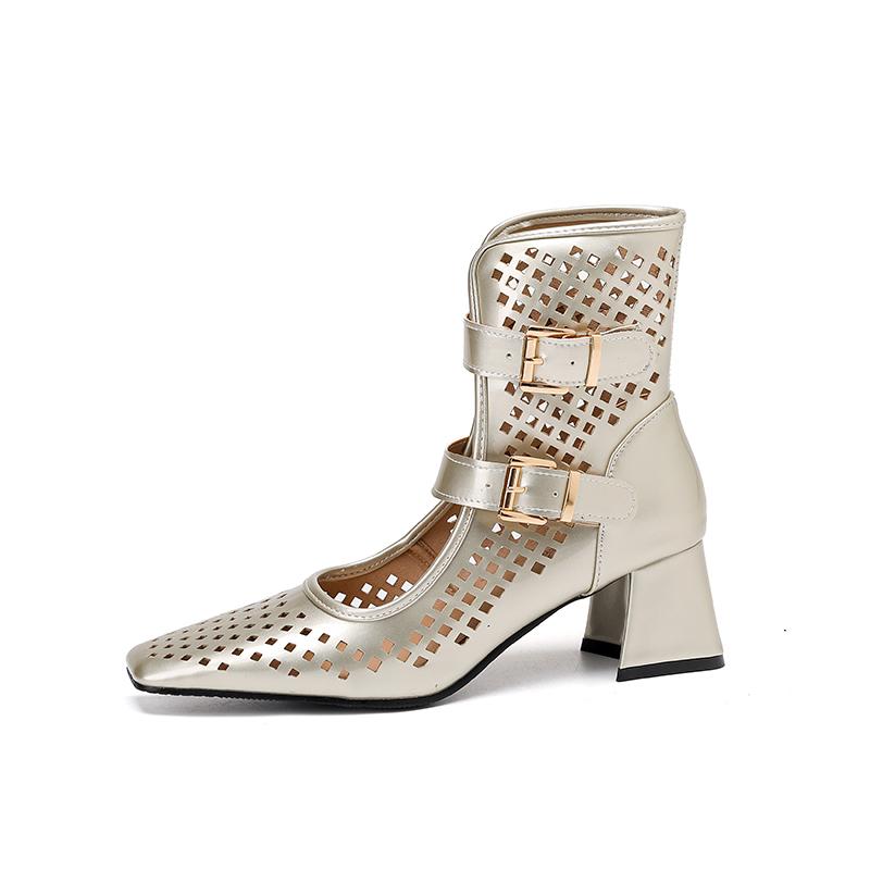 

Women s Summer Ankle Boots and Sandals 2025 Mesh Shoes Square Toe Buckles Decor Hollow Out Fishnet Walk Wear 48 золотой