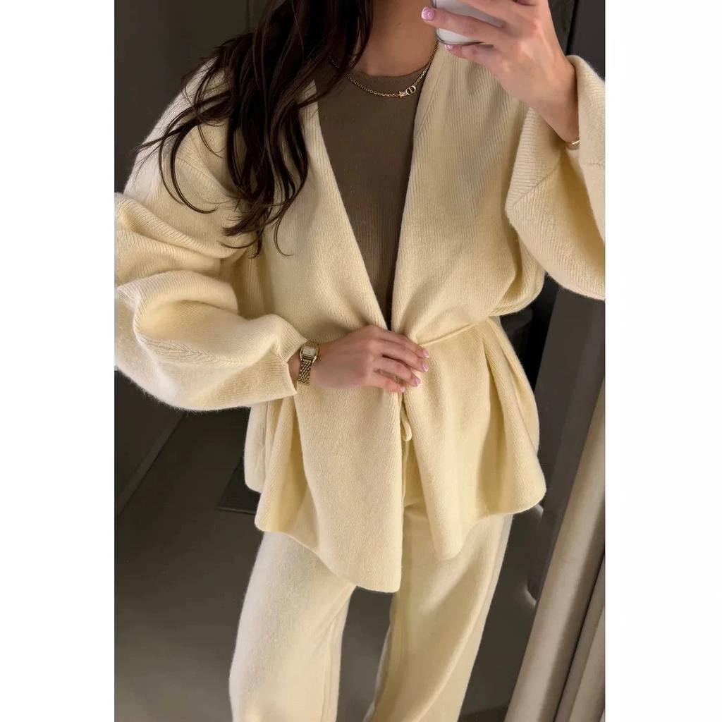 Cardigan sweater women's coat autumn and winter new loose small women's long knitted top set