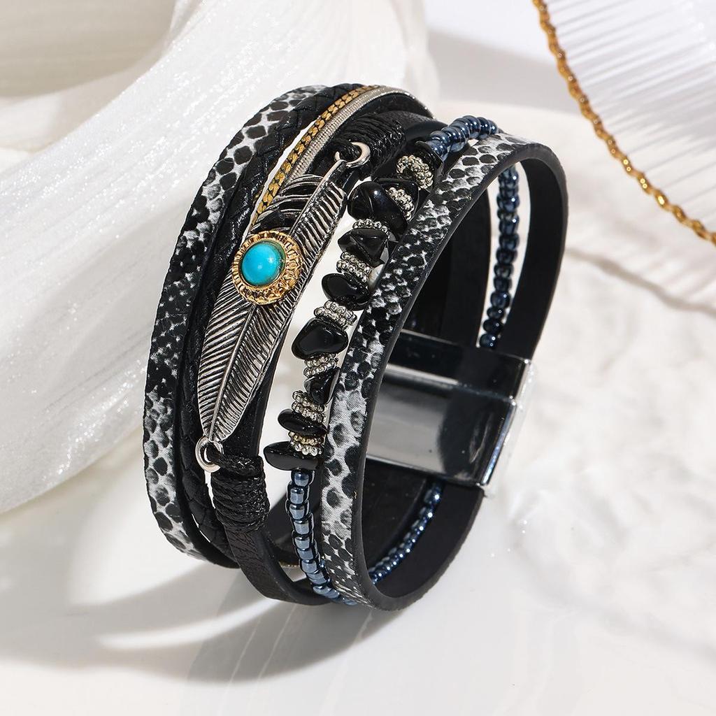 Bohemian Style Crushed Stone Feather Leather Bracelet with Vintage Turquoise and Magnetic Clasp