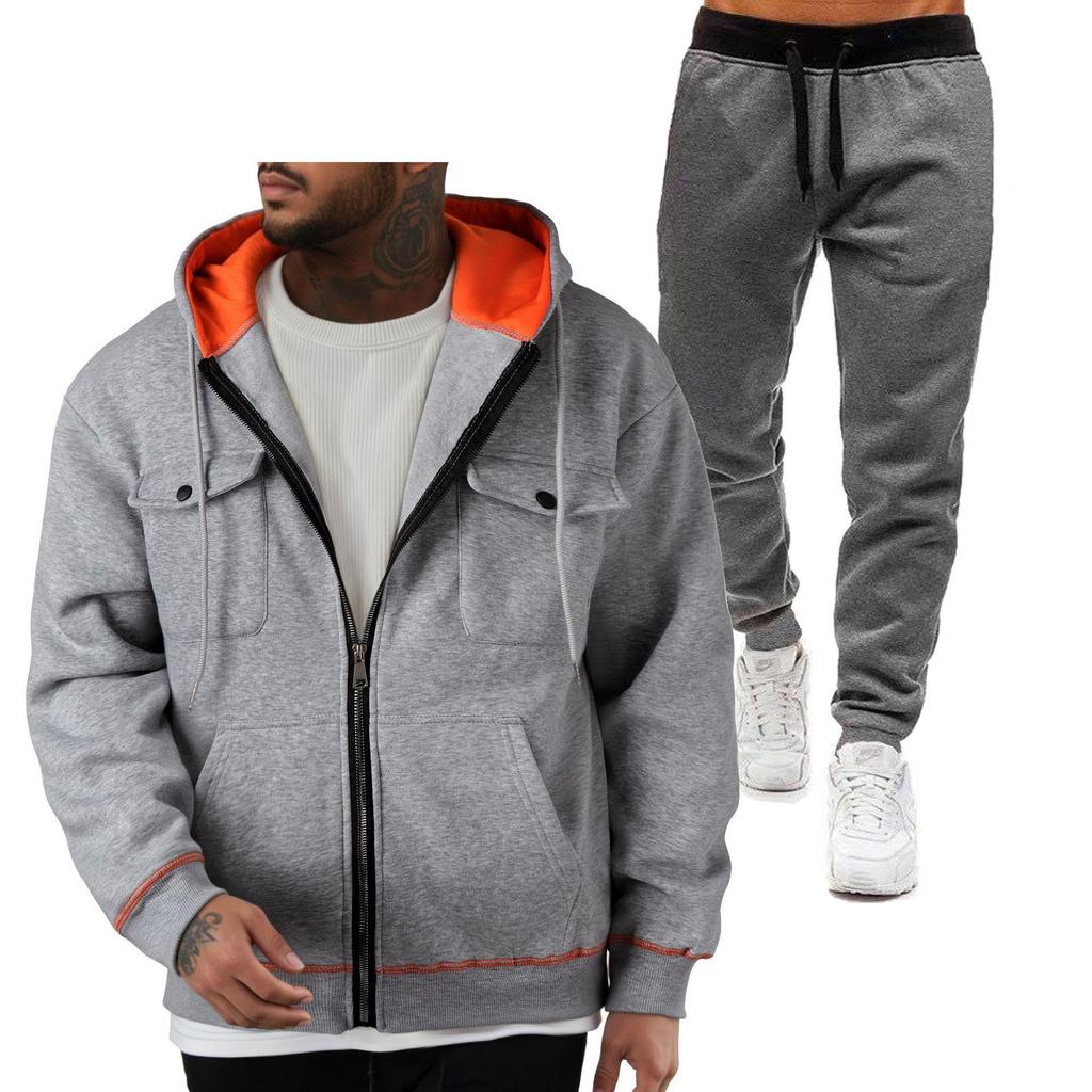 Men's European Size 220g Zip-Up Hoodie and Sweatshirt with Double Pockets - Sporty Casual Set