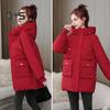 Winter Down Coat Thickened Padded Hooded Pockets Zipper Closure Drawstring Mid Length Windproof Heat Retention Daily Cold Weather Outwear Cotton