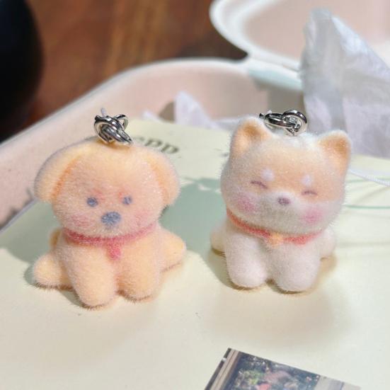Decorative Pendant Flocking Puppy Shape Keychain Bag Charm with Lanyard Mobile Phone Bag Hanging Ornament