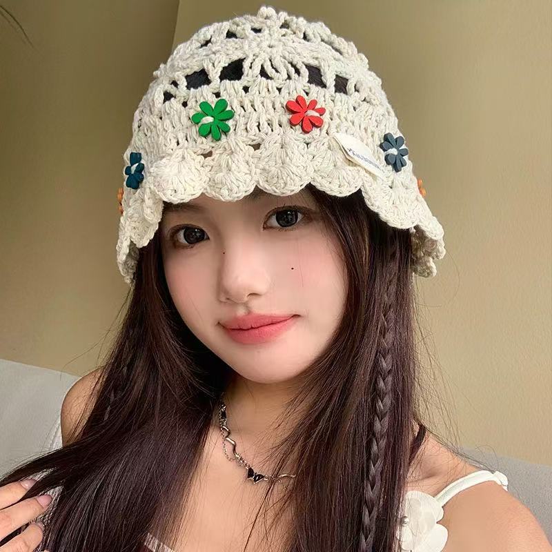 Korean Handmade Bucket Hat Flower Decoration Knitted Hollow Basin Hat Women'S Summer Thin Breathable Sun Hat