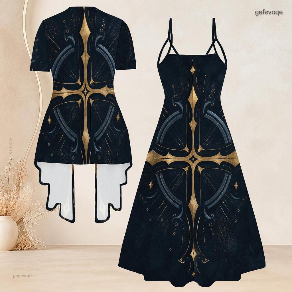 Women Plus Size Two Piece Set Short Sleeve Open Cardigan V Neck Strappy Flared Printed Dress Red Blue White