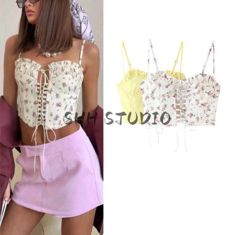 Summer New Product Women's Clothes French Sexy Sexy Style Square Collar Sleeveless Open Back Shoelace Tight Short Sling Tops