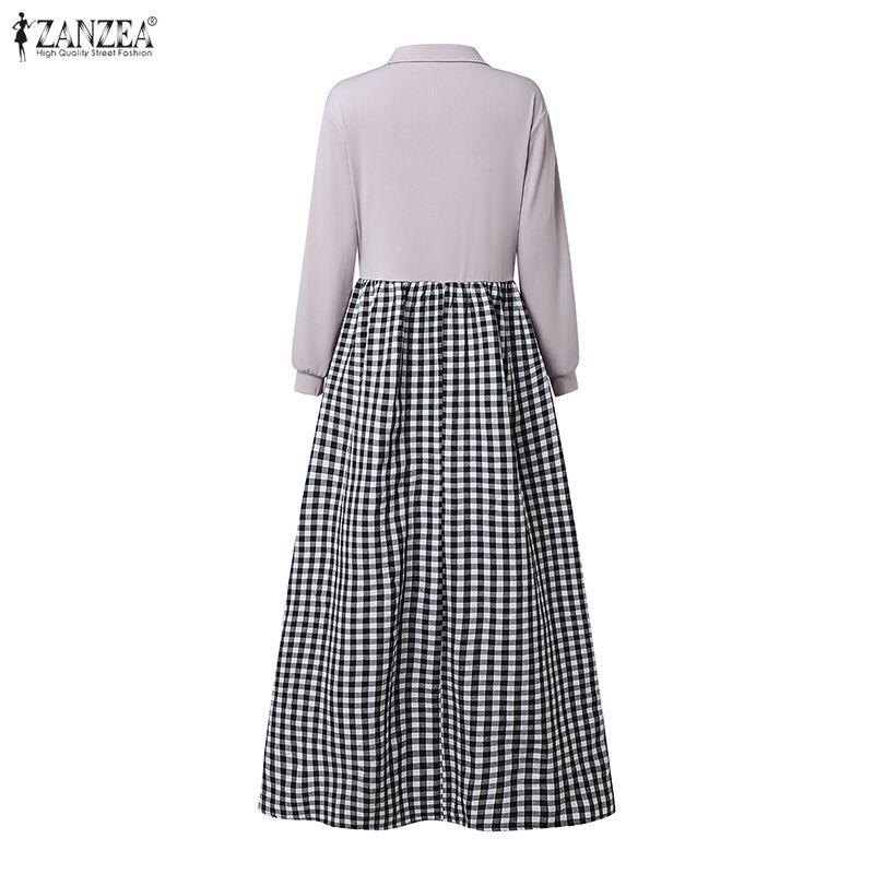ZANZEA Damen Freizeit Langarm Patchwork Karomuster Langes Kleid mit Umlegekragen