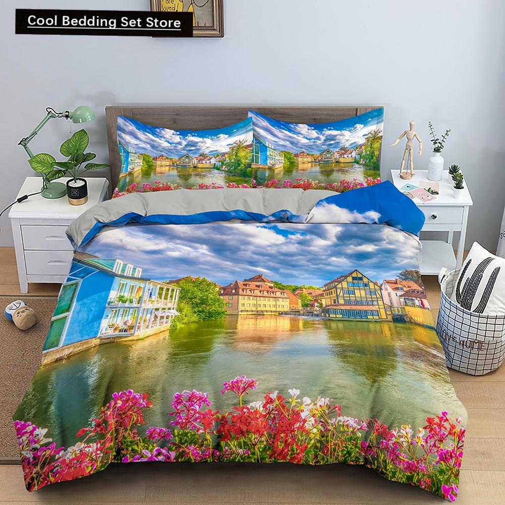 3D Pejzaż Natury Król Królowa Poszewka na Kołdrę Kwiaty Zielone Liście Pościel Zestaw Widok Shimen Poszewka na Kołdrę Poliester Pokrowiec na Kołdrę