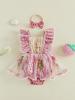Toddler Girls Ruffle Sleeve Floral Print Romper Dress with Bow Headband Set Summer Outfit Clothes for Baby Girl