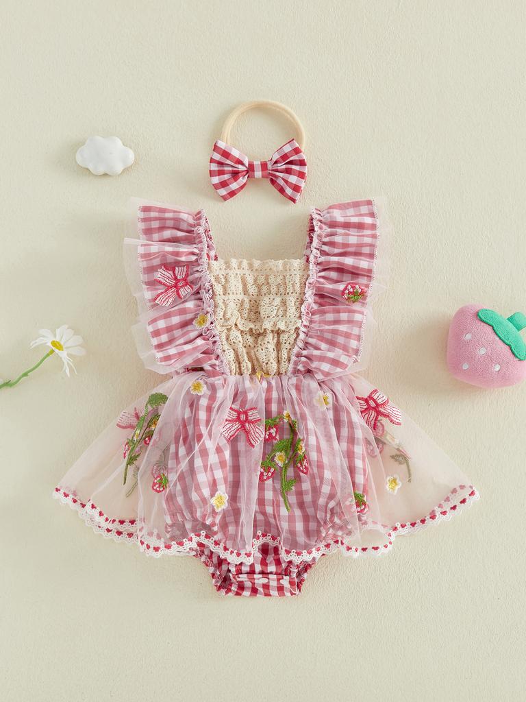Toddler Girls Ruffle Sleeve Floral Print Romper Dress with Bow Headband Set Summer Outfit Clothes for Baby Girl