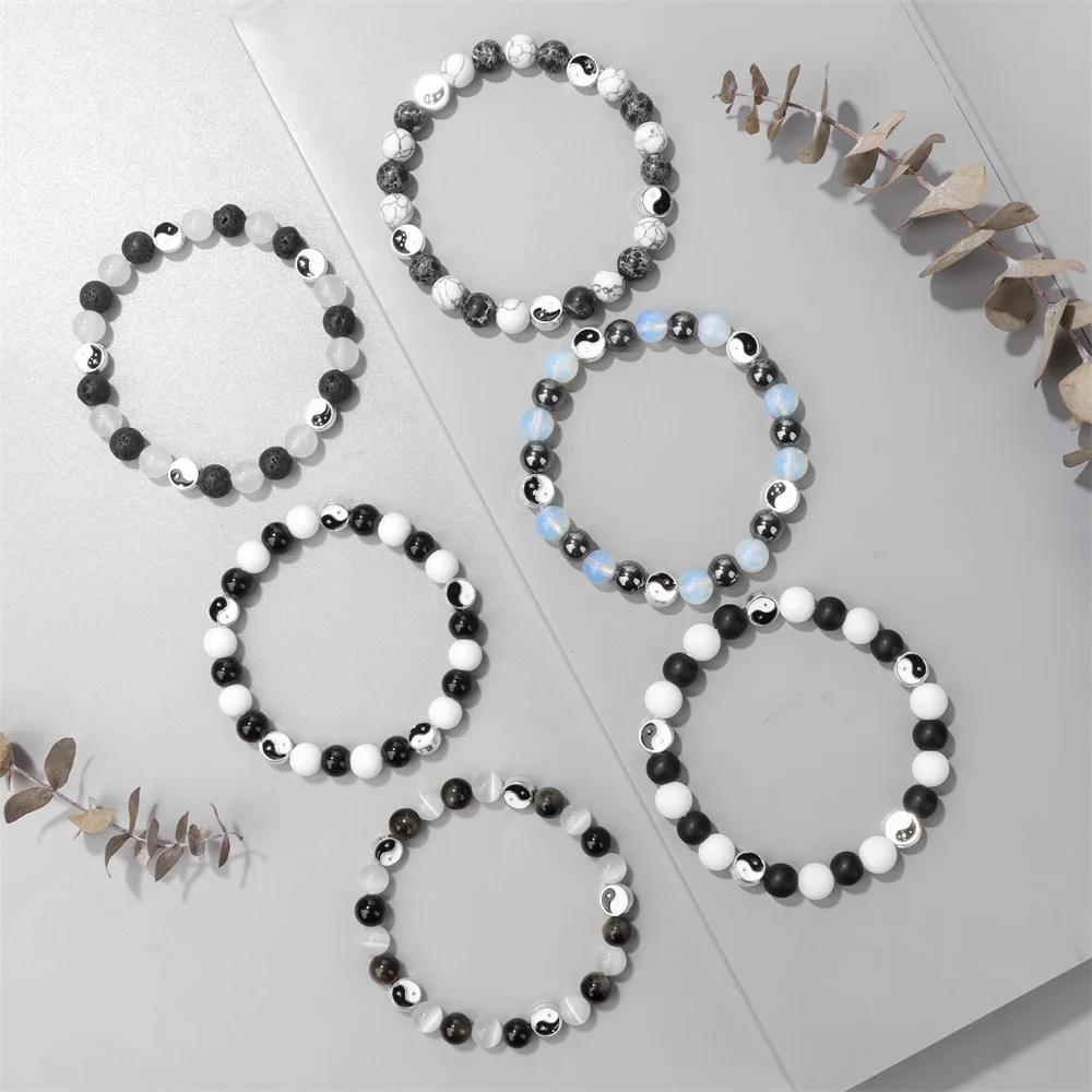 Neues weißes Katzenauge-Opal-Perlen-Armband, Mode, Tai Chi, Yin Yang, schwarze Glasperlen, Energie-Armbänder, Männer, Frauen, bester Freund, Schmuck
