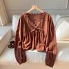 Women's Terracotta Lace Trim Blouse with Bow Tie Detail Long Sleeve Casual Cropped Top
