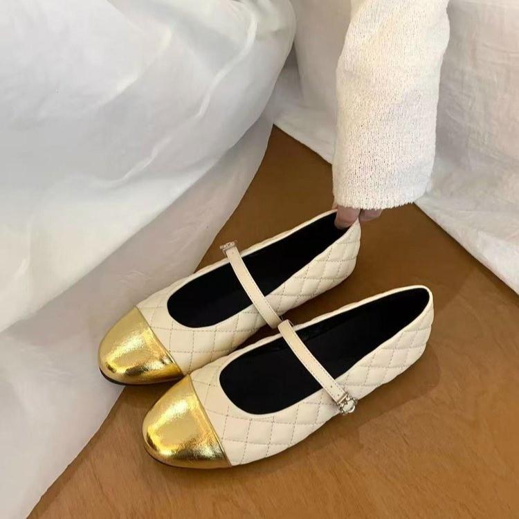 Flat-Bottomed Small Fragrant Style Color Matching Diamond Single Shoes Women'S Spring French Commuter Shoes One-Word Buckle Mary Jane Shoes