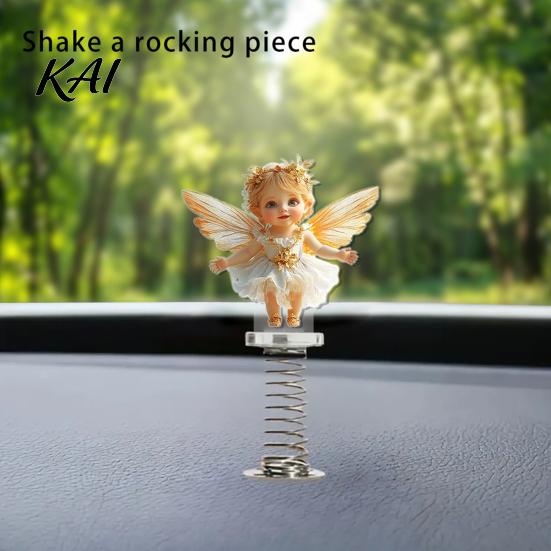 Durable Double Sided Printing Ornaments Cute Cat/Dog/Elf Car Dashboard Decorations with Spring Swing Design, Double-sided 2D Flat Acrylic Healing Desk