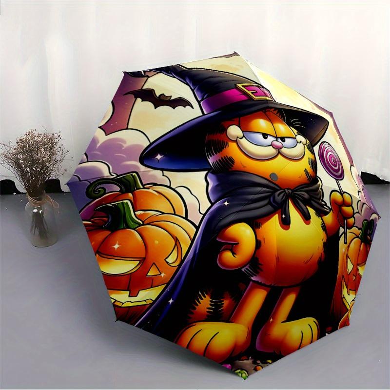 Garfield Halloween Automatisches Auf-/Zuklappbares Winddichtes Regenschirm, Tragbarer 3-fach Kompakter Regenschirm für Männer & Frauen, Perfektes Geschenk für Geburtstag, Chr