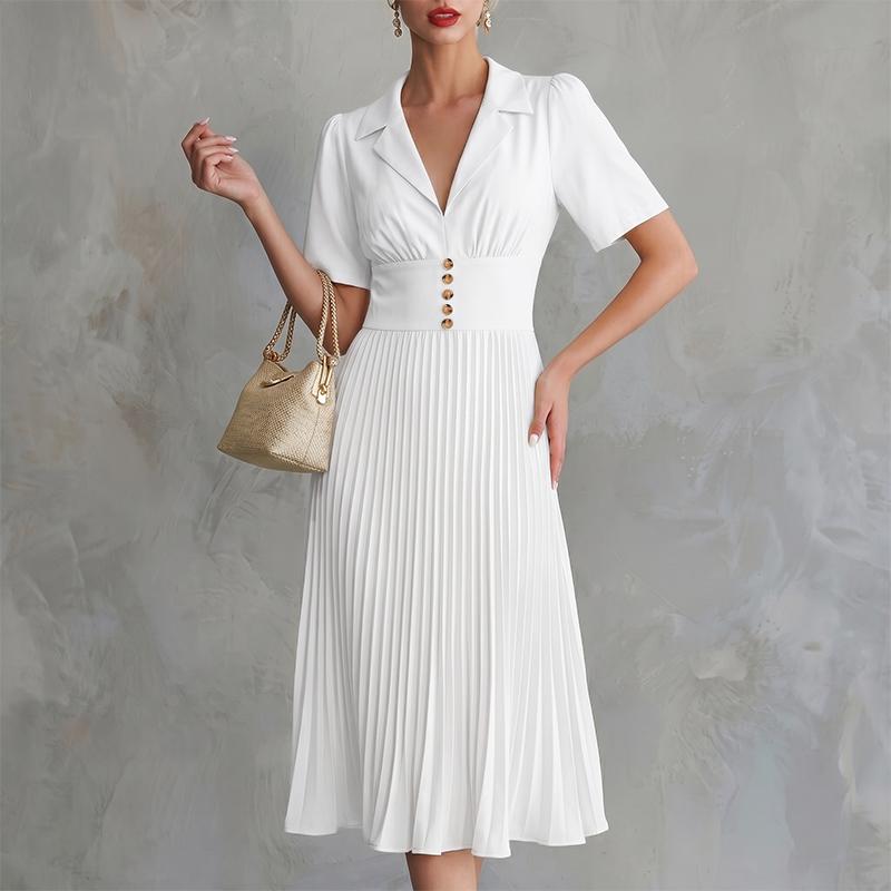 ZANZEA Women Elegant V-Neck Casual Short Sleeve Pleated Dress S