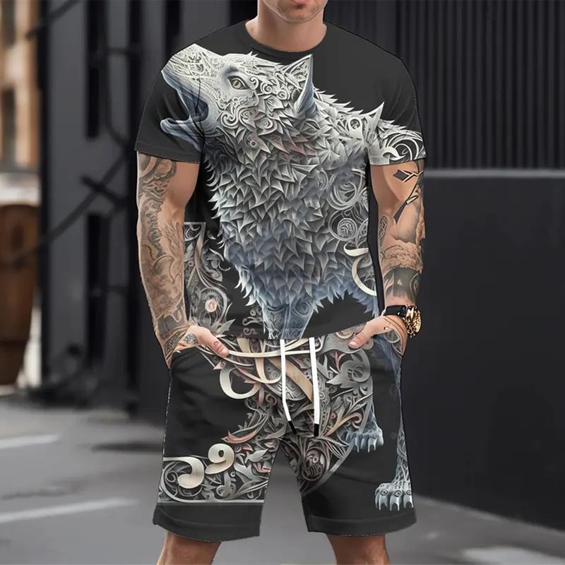 Men's Casual Sports Suit Printed 3D Fierce Wolf Pattern Suit, Summer Casual Breathable Suit