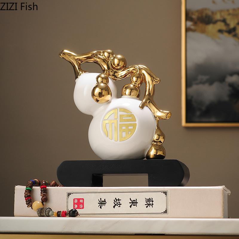 Golden Gourd Ceramic Statue Desk Decoration Ornaments Creative Porcelain Gourd Sculpture Modern Artwork Room Aesthetic Decor