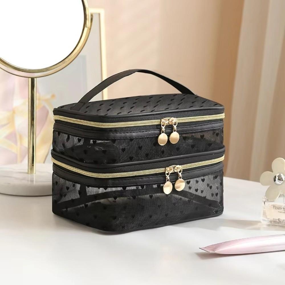 Fashion Black Mesh Cosmetic Bag Double-layers Large-Capacity Makeup Case Portable Zipper Organizer Storage Pouch