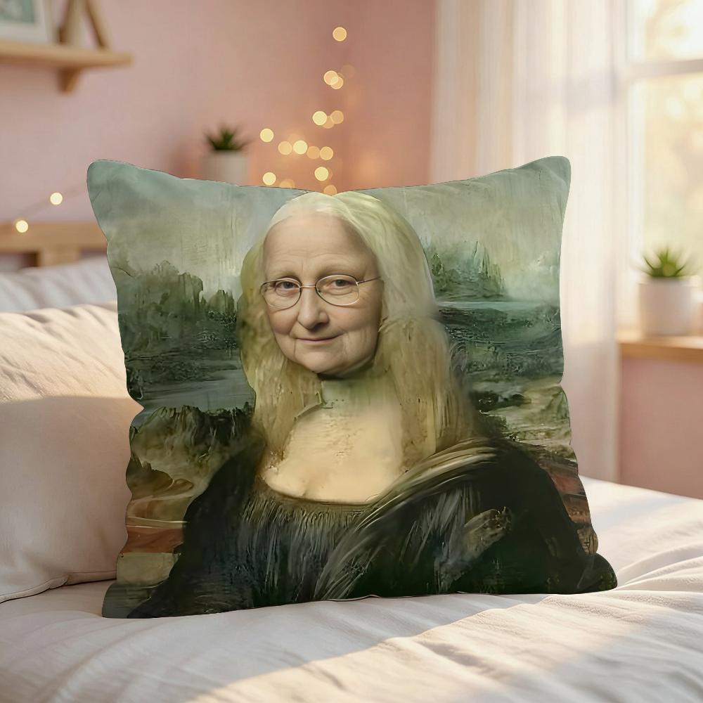 Mona Lisa Interesting Abstract Cushion Cover Silky Short Plush Invisible Zipper Dustproof Sofa Pillow Case For Home Decor