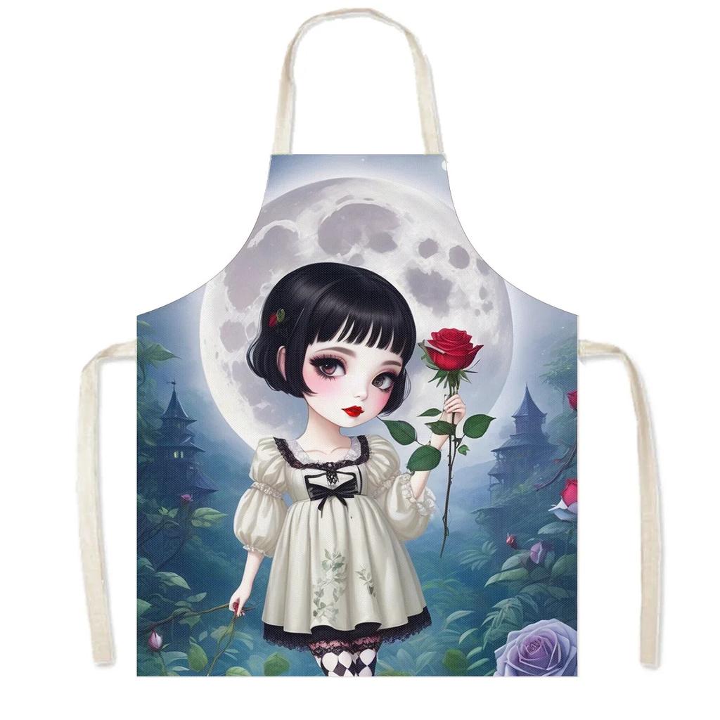 Cartoon Gothic Girls Print Kitchen Aprons Fantasy Angel Home Cleaning Clothing Linen Pinafore Waterproof Chef Cooking Apron