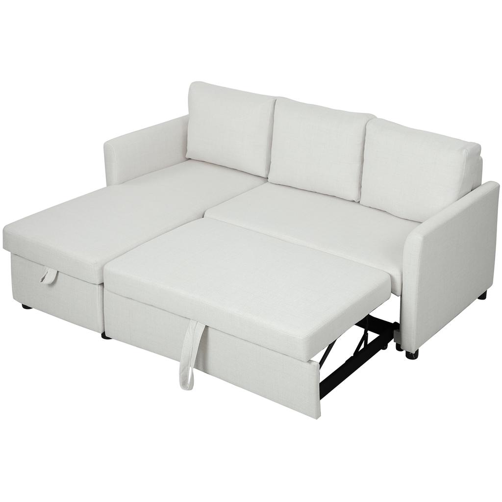Corner Sofa Bed Linen Effect with Hidden Storage Compartment, 192x148x86 Cm, Cream White