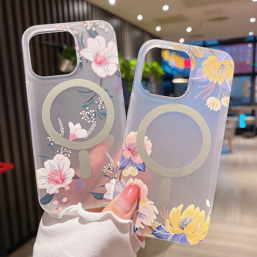 Scrub Floral For Magnetic Wireless Charge Case For For Iphone 17 Air 16 15 14 13 12 11 Pro Max Plus Shockproof Acrylic Cover