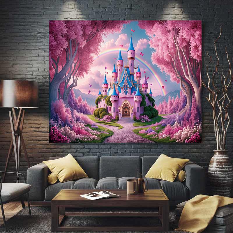A Flag Decoration Featuring a Princess Castle Pattern, Which Is Perfect for Use As a Photo Backdrop.