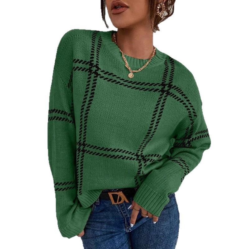 Europäischer & Amerikanischer Karomuster Farbblock Rundhals Pullover Strickware für Damen - Herbst/Winter Stil