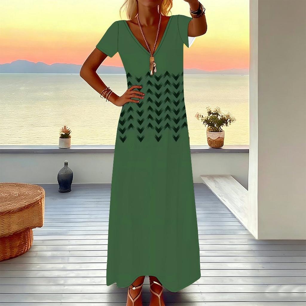 Women Plus Size V Neck Short Sleeve Maxi Dress Black White Tie Dye Stripe Print Loose Long Dress