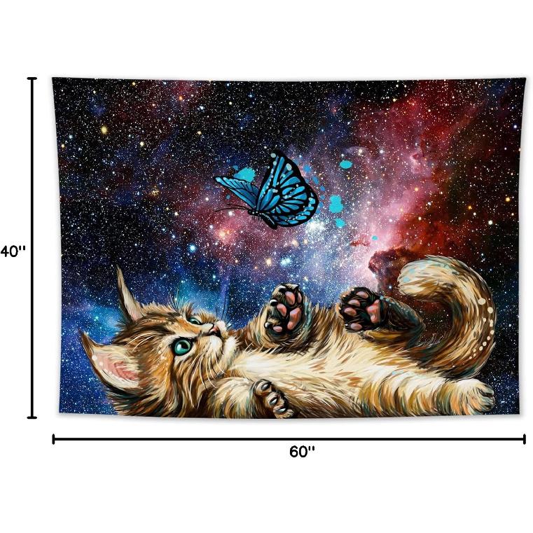 LB Cat Butterfly Tapestry, Cool Funny Cat with Butterfly Wall Tapestry for girls, Fantasy Galaxy Wall Art for Bedroom Living Room Dorm Home Decor, 60