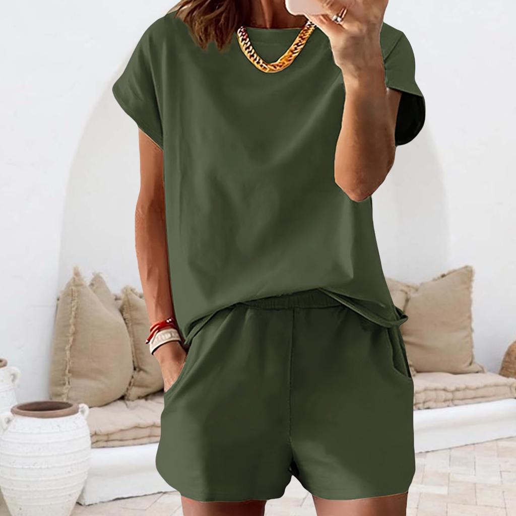Completo Estivo da Donna a Maniche Corte con Tasche, Girocollo, Vestibilità Rilassata, Due Pezzi per l'Uso Quotidiano