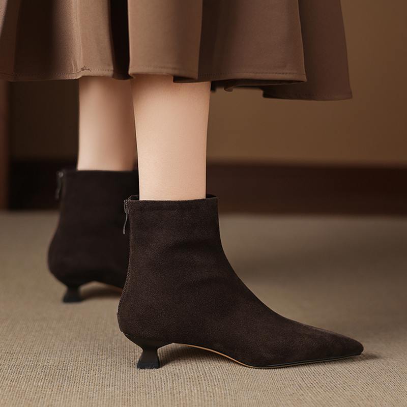 Krazing Pot Cow Suede Nubuck Winter Pointed Toe Preppy Style Stiletto Thin Med Heels Women Zip Women Ankle Boots