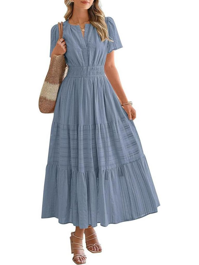 2025 Trendiges V-Ausschnitt Gerafftes Puffärmel Damenkleid