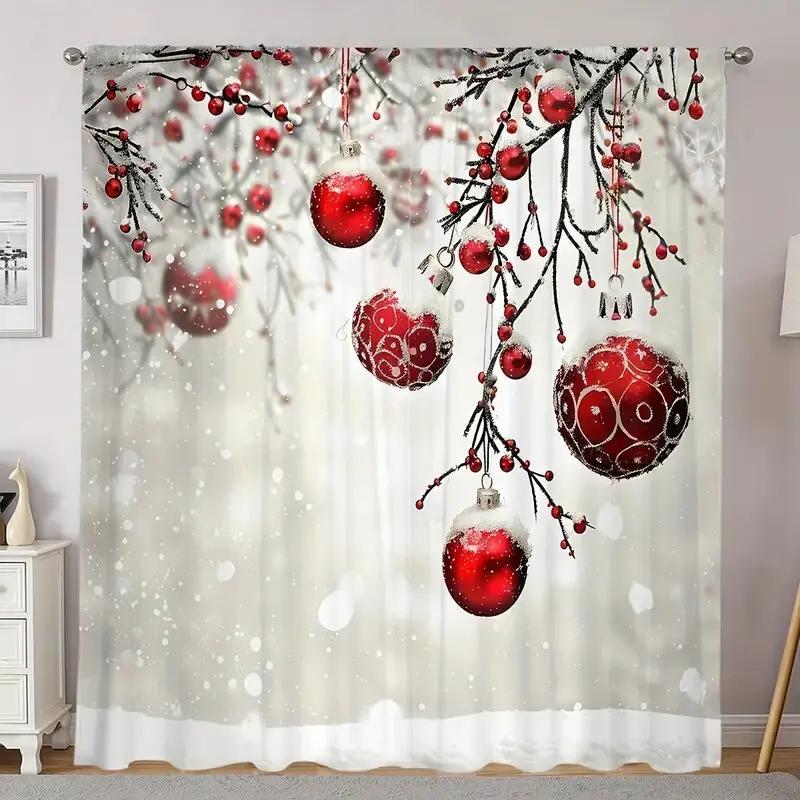 

Set Of 2 Christmas Snowman Tree Print Curtains Pole Bag Home Decoration Room Curtain Polyester W100*H70(CM)-Rod Pocket&1PCS