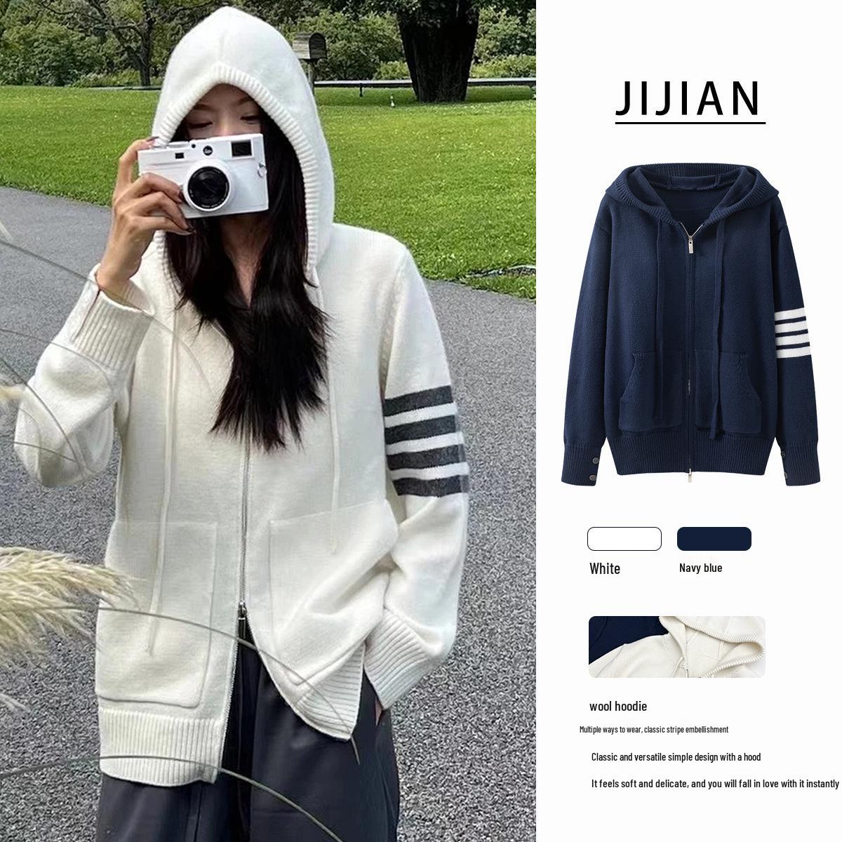 

2024 Winter Pure Wool Hooded Zip Cardigan - Age-Reducing College Style, Thick Knit Outerwear M білий