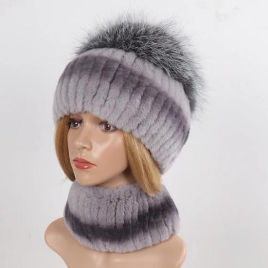 Hot Sale Women Winter Real Rex Rabbit Fur Hat Scarf Sets Natural Warm Genuine Silver Fox Fur Rex Rabbit Fur Cap Scarves 2 Pieces