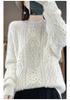 Women's Classic Round Neck 100% Pure Wool Knitted Sweater with Hollow Crochet Design Pullover.