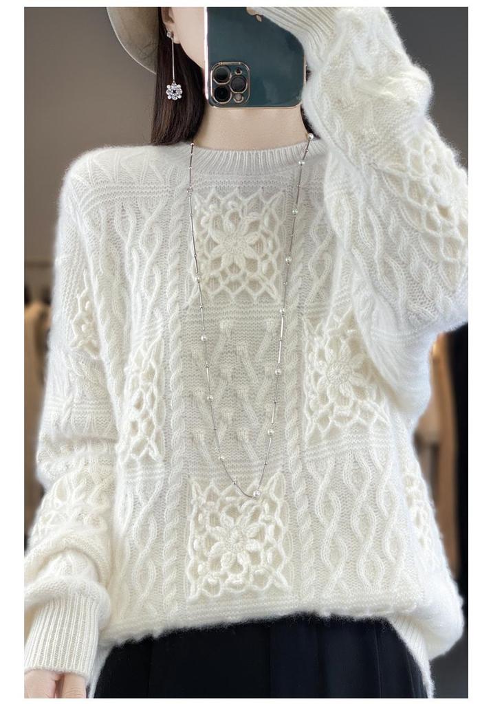 Women's Classic Round Neck 100% Pure Wool Knitted Sweater with Hollow Crochet Design Pullover.