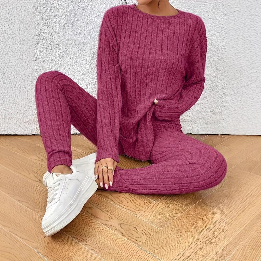 2025 Autumn Women's Casual European & American Knit Suit Set - Loose, Round Neck, Ribbed Design