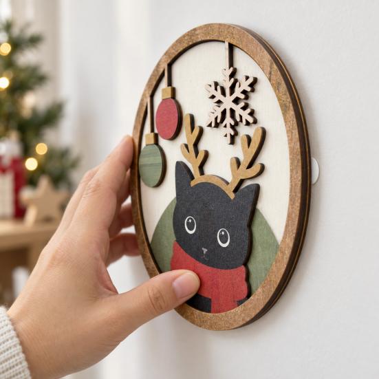 Living Room Decor Christmas Black Cat Wall Decor, Layered Wooden Hanging Sign, Round 2D Art Flat Decoration for Bedroom And Hall Porch Holiday