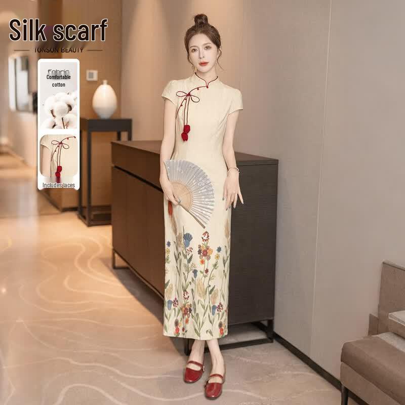Women s New Chinese Style Printed Linen Blend Cheongsam Dress S