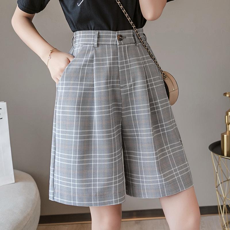 S-3XL Fajas Pantalones cortos De botín Cintura alta Verano Vintage A  cuadros Trajes de pierna ancha Mujeres elegantes Todos a juego Pantalones  cortos de cinturón recto Chica comprar a buen precio —