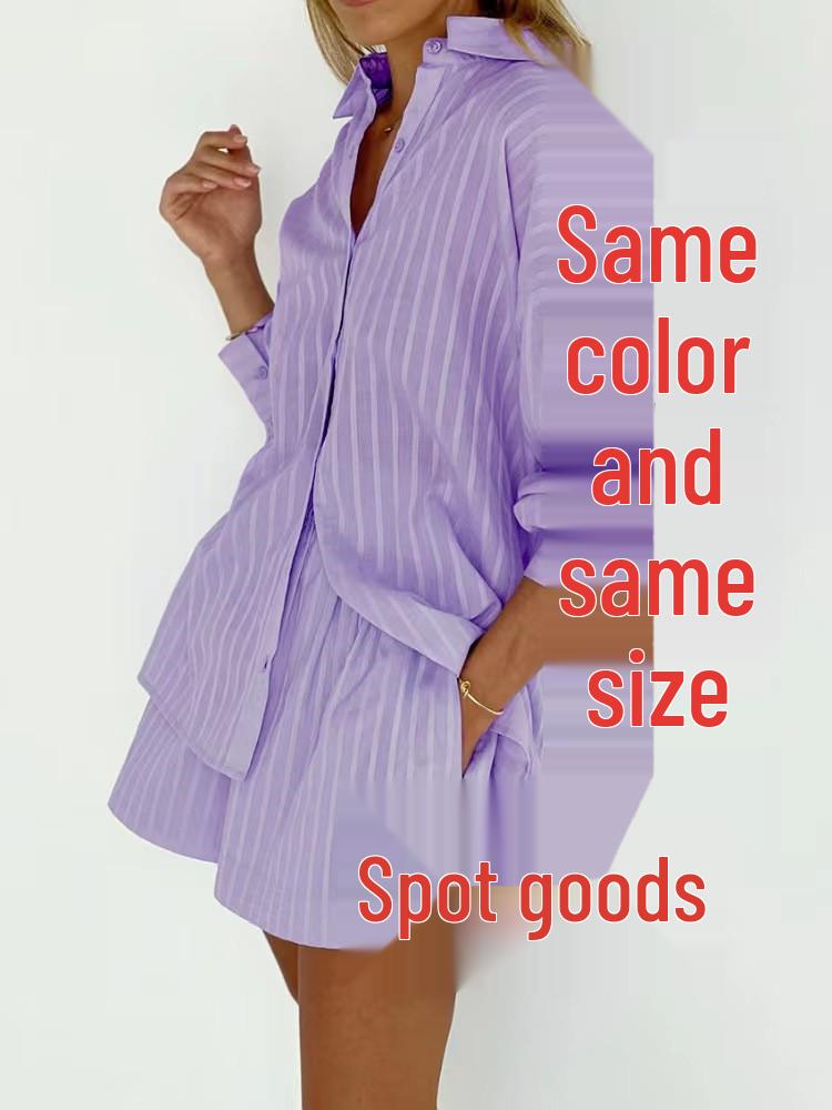 Женский хлопковый жаккардовый комплект из рубашки в полоску с пышными рукавами и шорт 2025 Medium