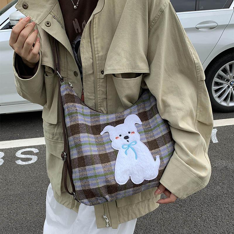 Plaid Woolen Tote Bag Women's Large-capacity Shoulder Messenger Bag Autumn and Winter Multi-functional Backpack