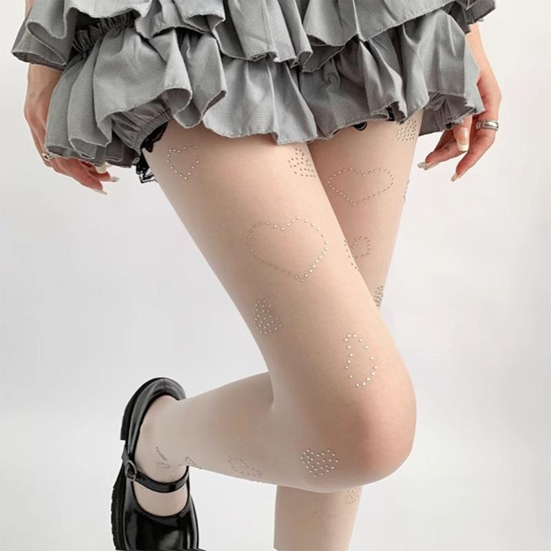 Women Sweet Ultra-Thin Sheer Pantyhose Stockings Japanese Style Glittering Rhinestones Heart See-Through Tights Leggings