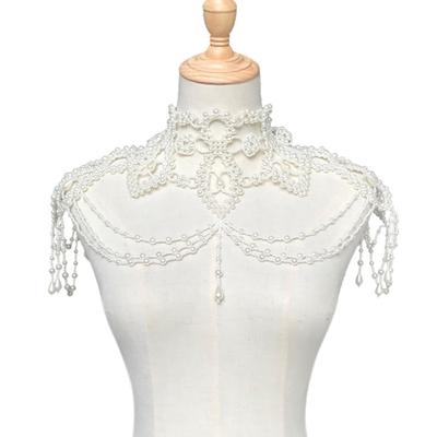 Pearl Shawl Faux Collar Elegant Bead Chain Costume Choker Wavy Pendant Necklace Sweater Dress Collar Fan Shaped Bib