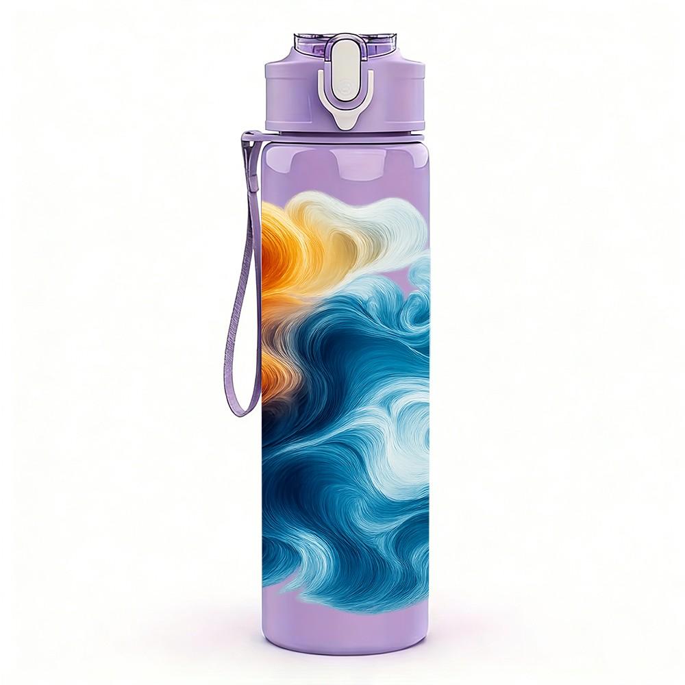 1PC Swirl Blue Orange Cloud Abstract Texture Print 750ml Color Plastic Sports Water Bottle Leakproof Flip Straw Lid Suitable for Sports Office Use